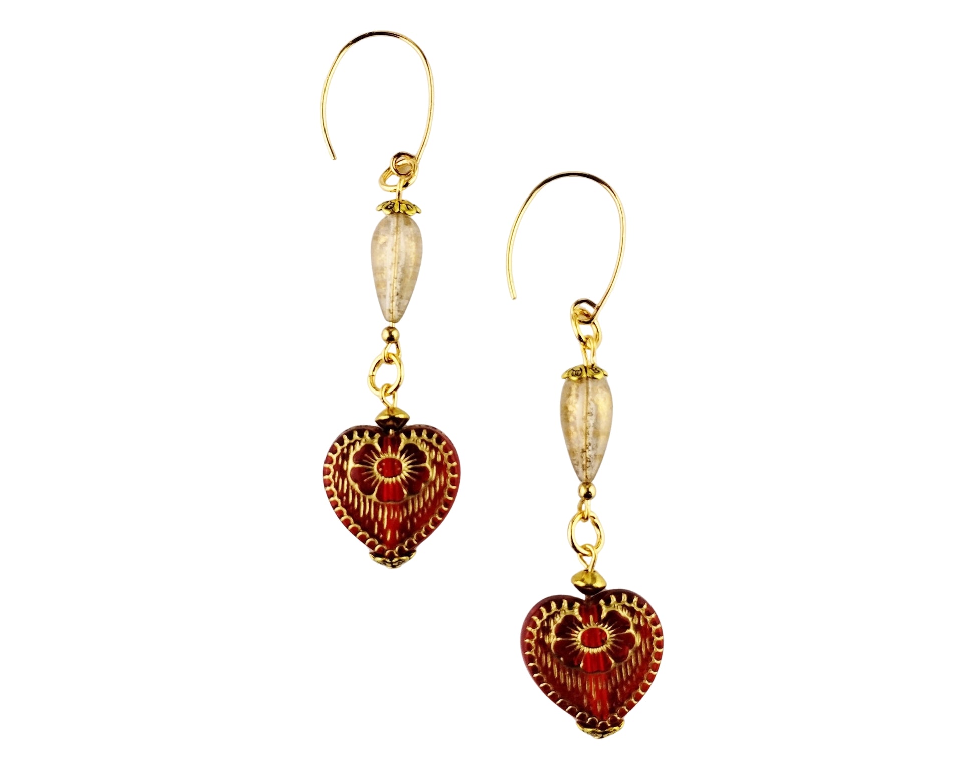 Heart-shaped earrings with gold and red design on a white background