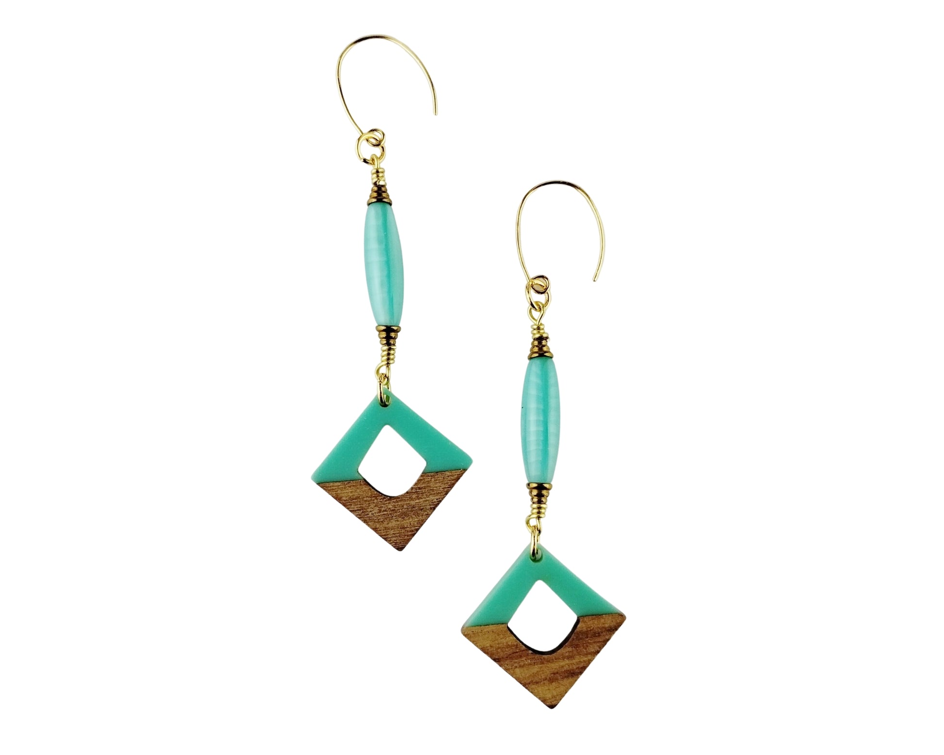 Pair of earrings with seaforam beads and wooden geometric shapes on a white background