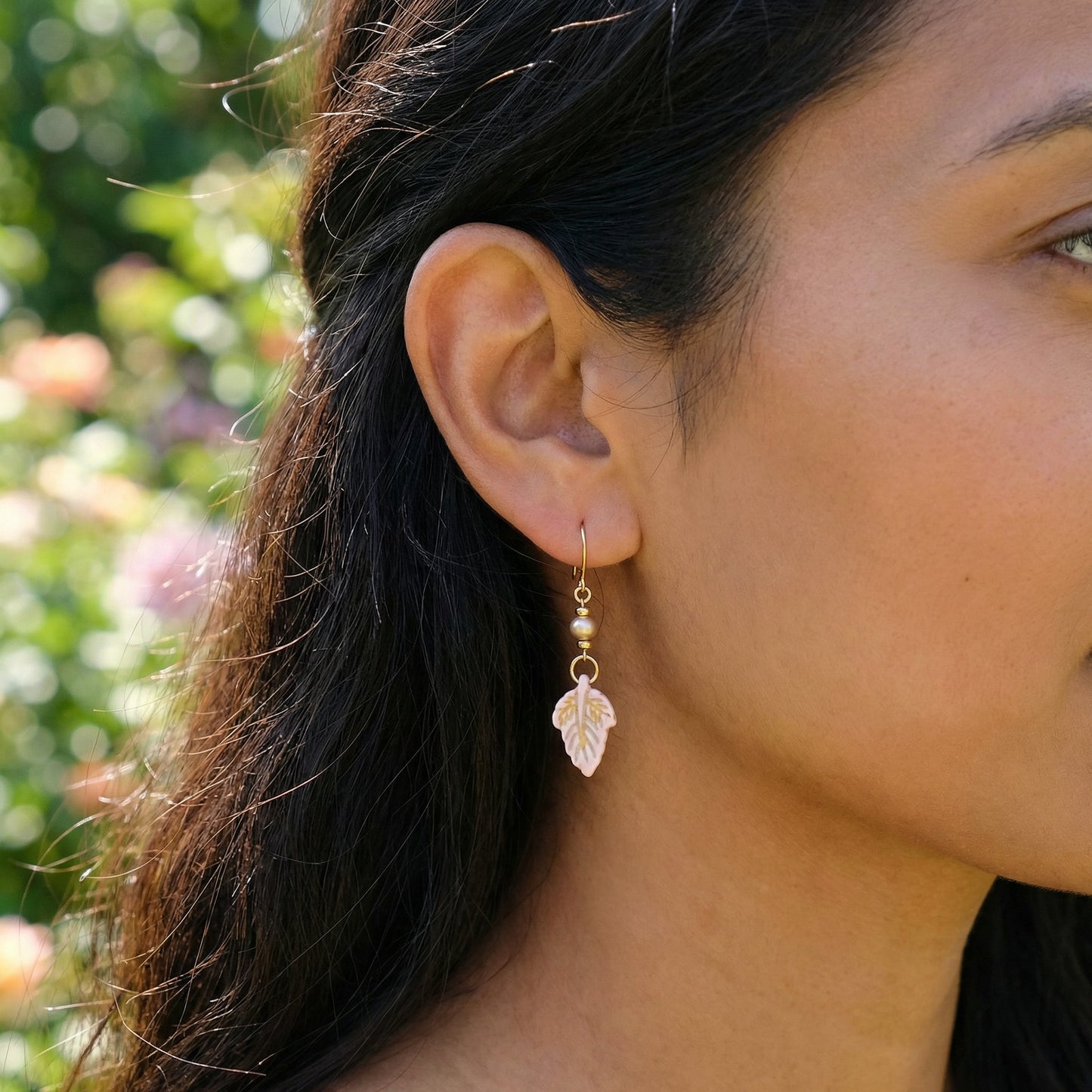 Pink Howlite Leaf Earrings, Blush Pink Dangle Earrings, Gold Botanical Earrings, Nature Inspired Jewelry, Handmade Leaf Earrings