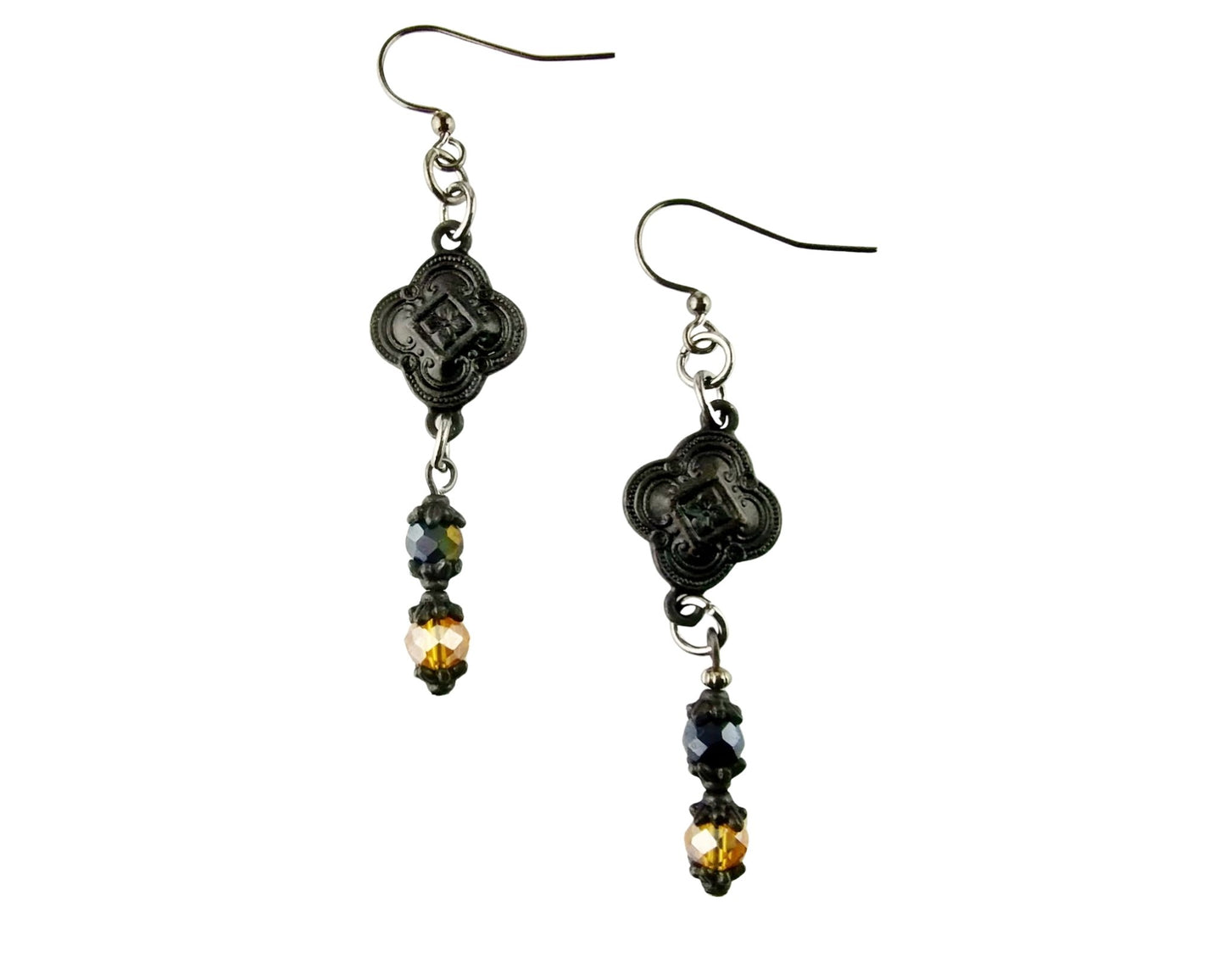 Black & Topaz Dangle Earrings, Matte Black Pewter Earrings, Gothic Style Earrings, Boho Glass Bead Earrings, Nickel Free Jewelry