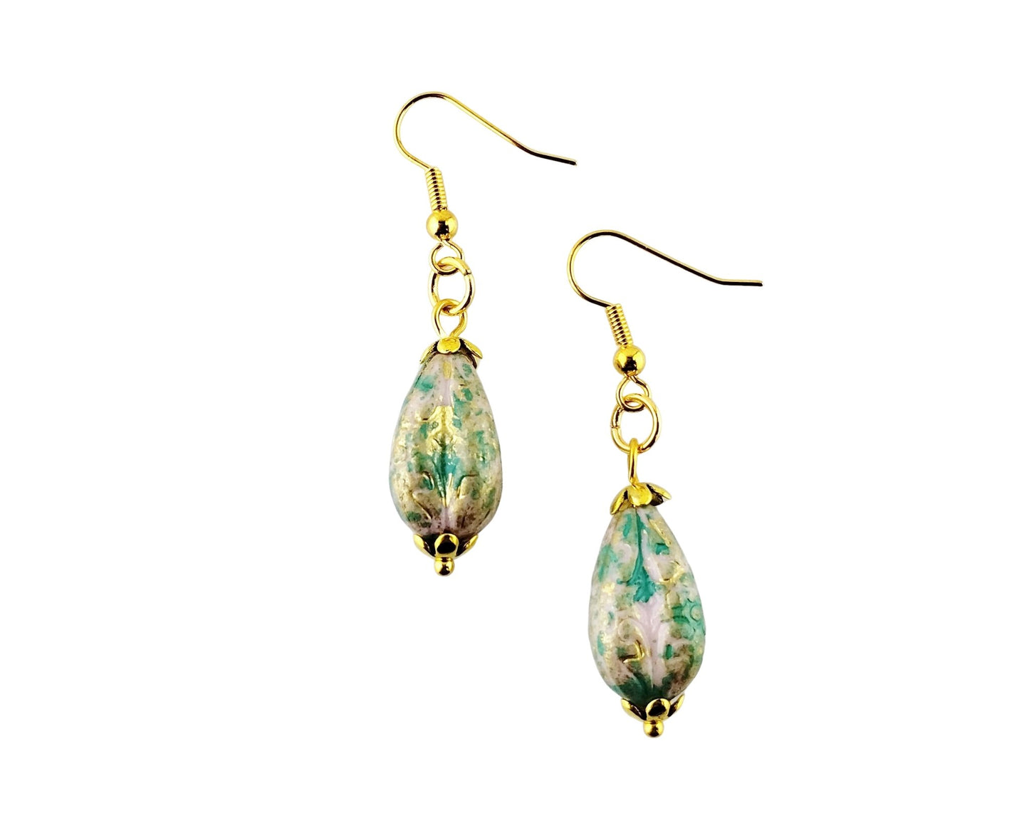 A pair of gold-tone dangle earrings with teardrop-shaped beads featuring a marbled pattern of green, blue, and pink, suspended from gold fishhook wires on a plain white background.