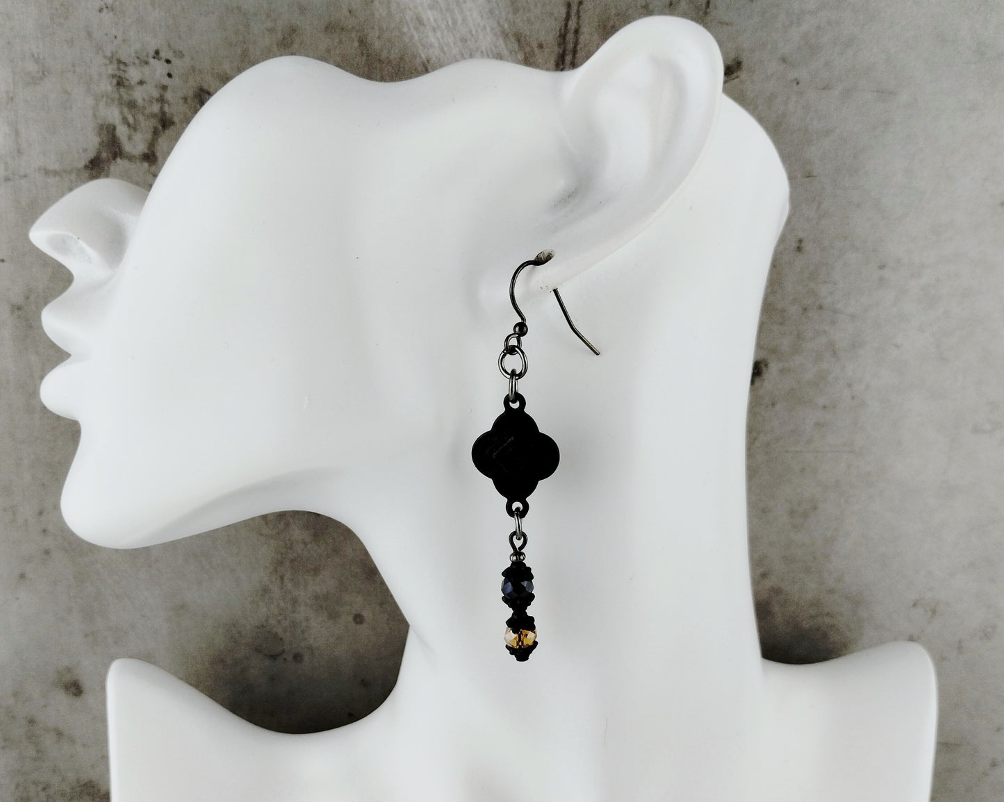Black & Topaz Dangle Earrings, Matte Black Pewter Earrings, Gothic Style Earrings, Boho Glass Bead Earrings, Nickel Free Jewelry