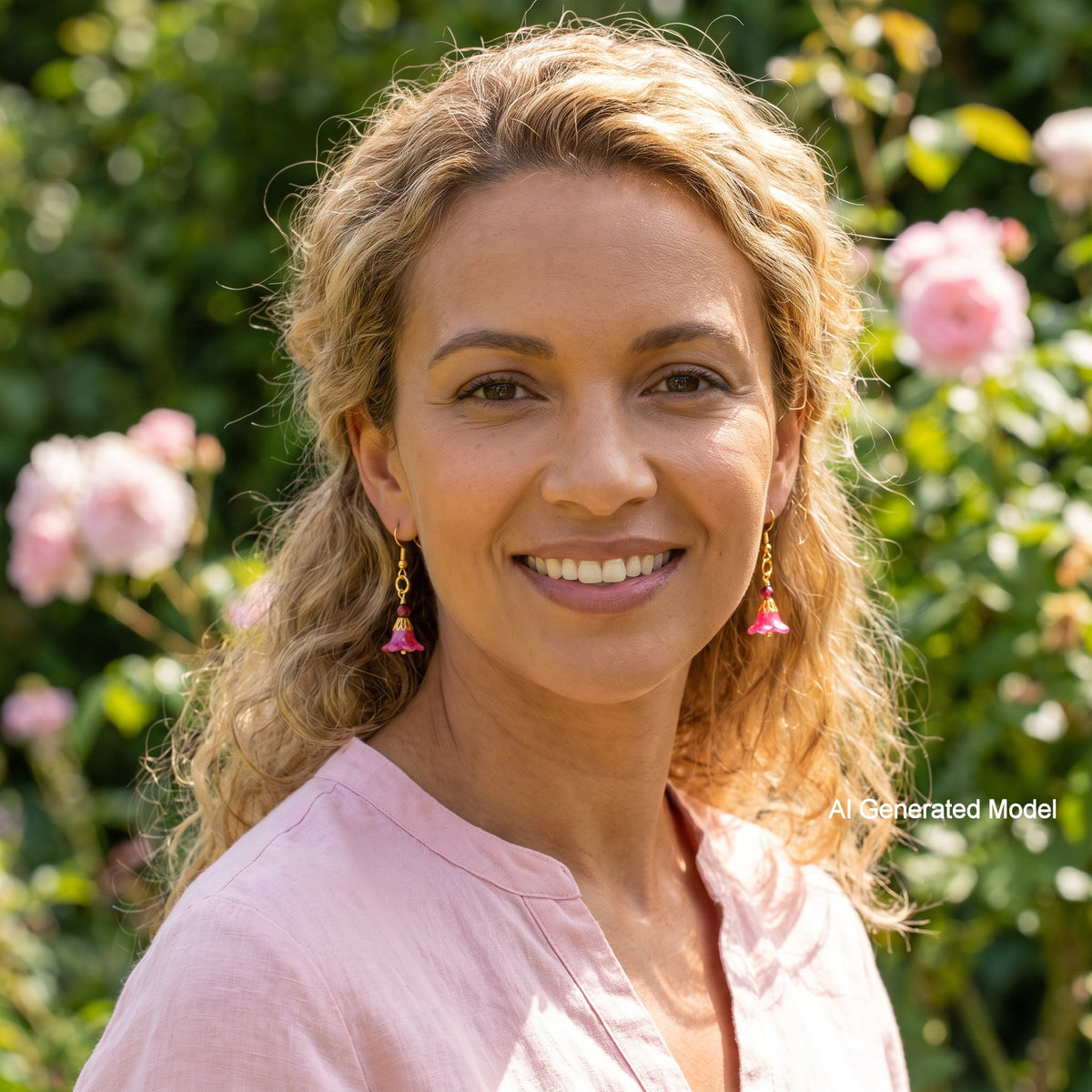 A smiling woman with blonde curly hair wearing pink tassel earrings and a light pink top, photographed outdoors with blurred green foliage and pink flowers in the background. A small 'AI Generated Model' watermark appears in the lower right.