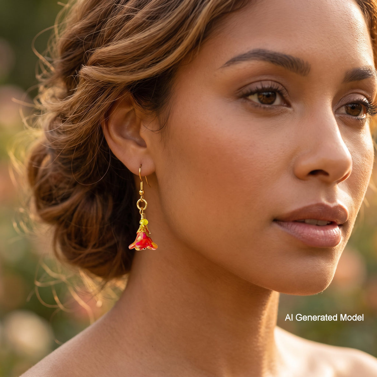 A close-up of a woman wearing a dangling earring with a gold-tone hook and a bell-shaped charm in red and yellow, shown against a softly blurred outdoor background. The image has an 'AI Generated Model' watermark in the bottom right corner.