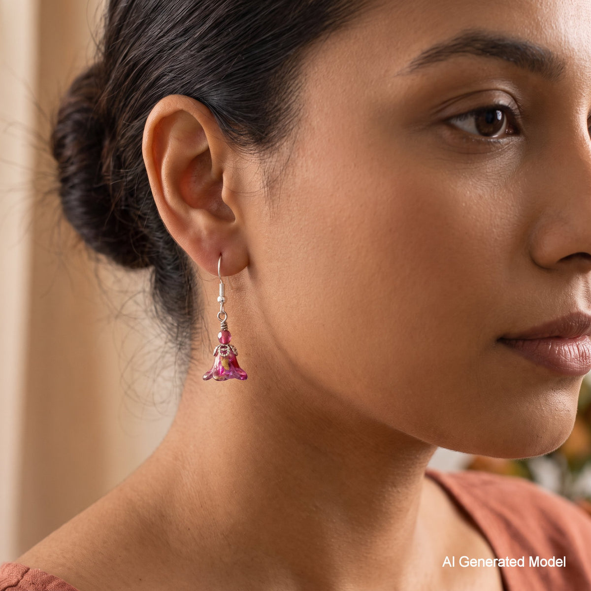 A close-up of a woman wearing a small dangling earring with a silver hook and a pink and purple floral bell-shaped charm. The image has a warm beige background and a watermark in the bottom right corner reading 'AI Generated Model'.