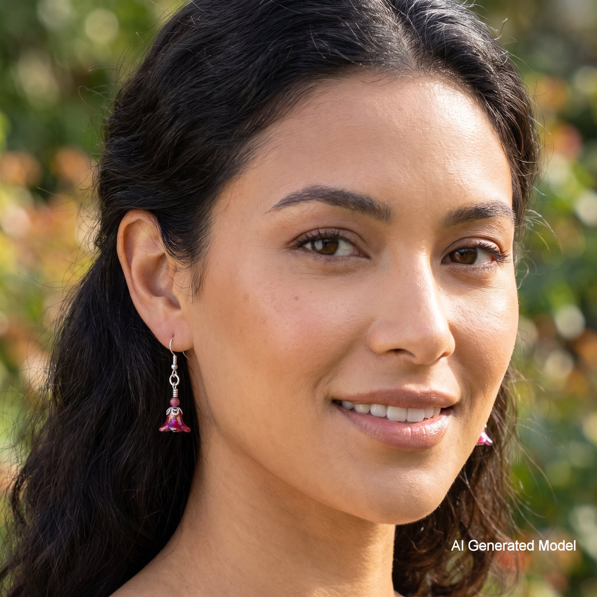 A close-up portrait of a woman wearing a dangling jhumka earring with a pink bell-shaped charm and silver-toned metal, set against a blurred green outdoor background. The image has an 'AI Generated Model' watermark in the bottom right corner.