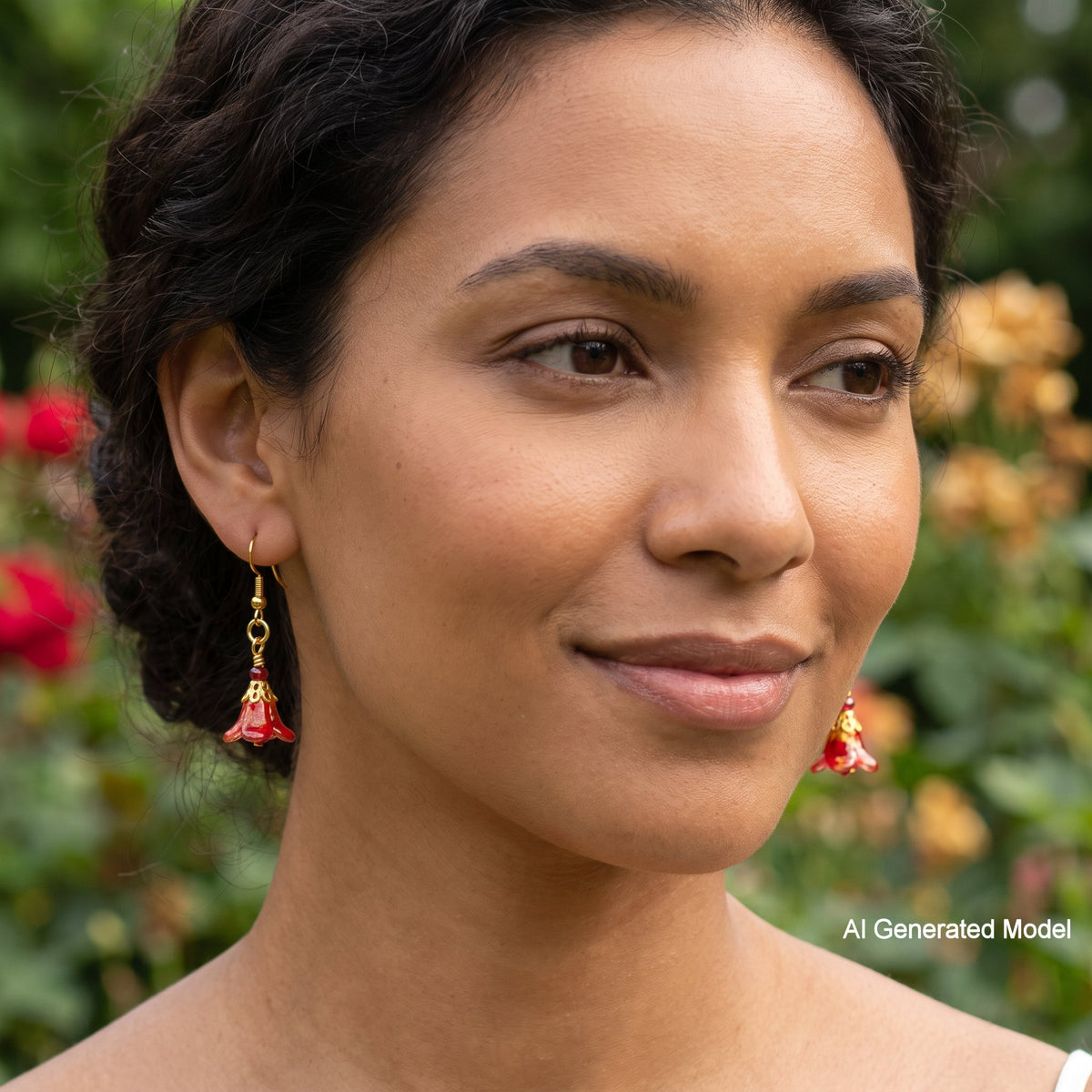 A close-up portrait of a woman wearing dangling earrings with red bell-shaped elements and gold-toned hooks, photographed outdoors with blurred greenery and flowers in the background. A small 'AI Generated Model' watermark appears in the lower right corner.