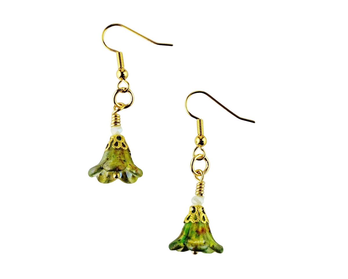 A pair of dangling earrings with gold-tone fishhook wires and bell-shaped green acrylic pendants, shown on a plain white background.