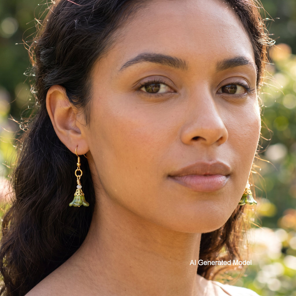A close-up portrait of a woman wearing a dangling earring with a gold-tone ring and a green bell-shaped charm, photographed outdoors with blurred foliage in the background. The text 'AI Generated Model' appears in the lower right corner.