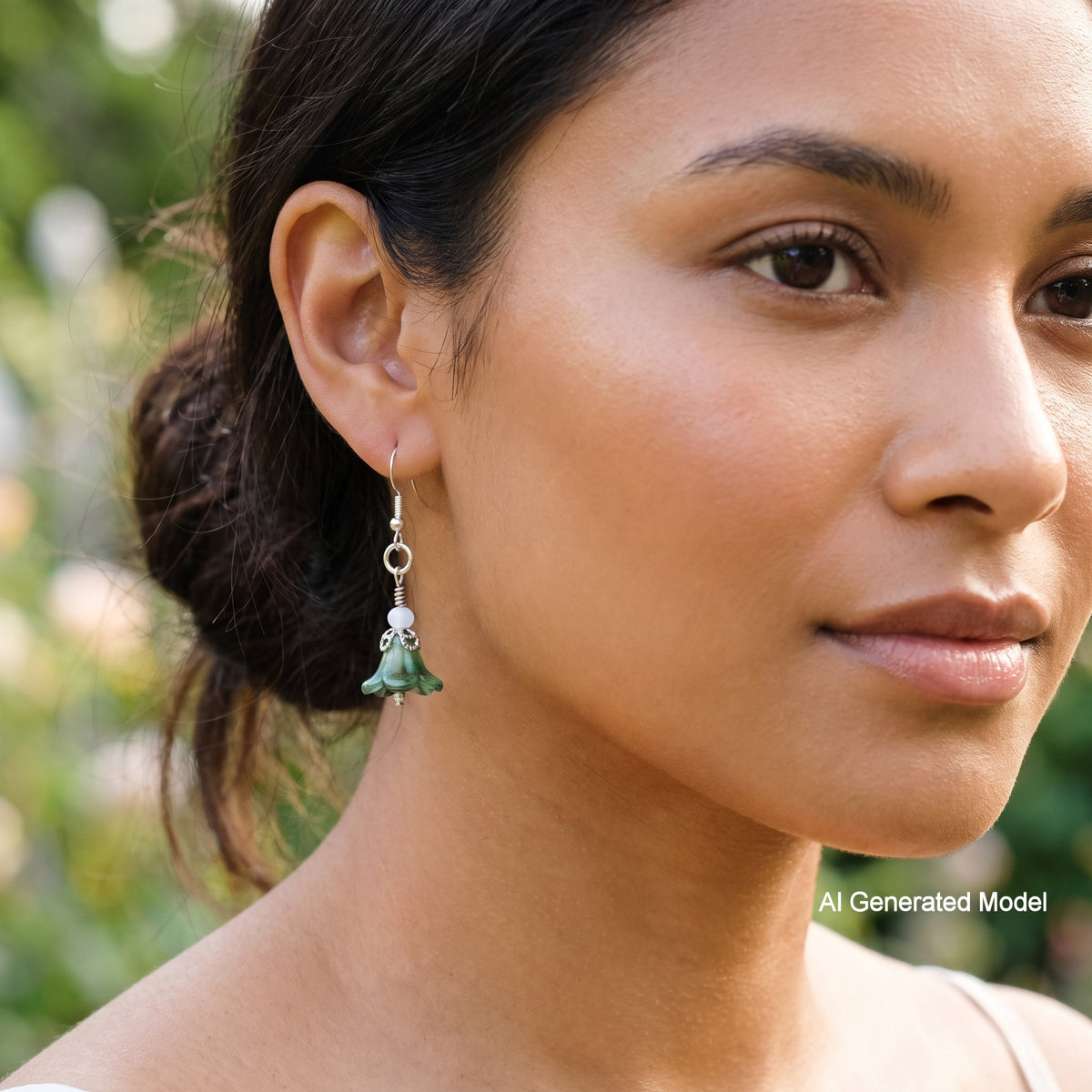 A close-up of a woman wearing a dangling earring with a green bell-shaped charm, silver hooks, and a small white bead, set against a blurred outdoor background. The image has an 'AI Generated Model' watermark in the bottom right corner.