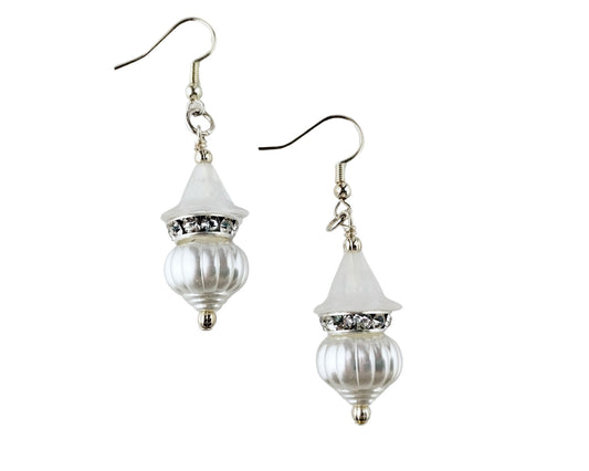 Handmade pearlized white lantern bead earrings with rhinestone sparkle