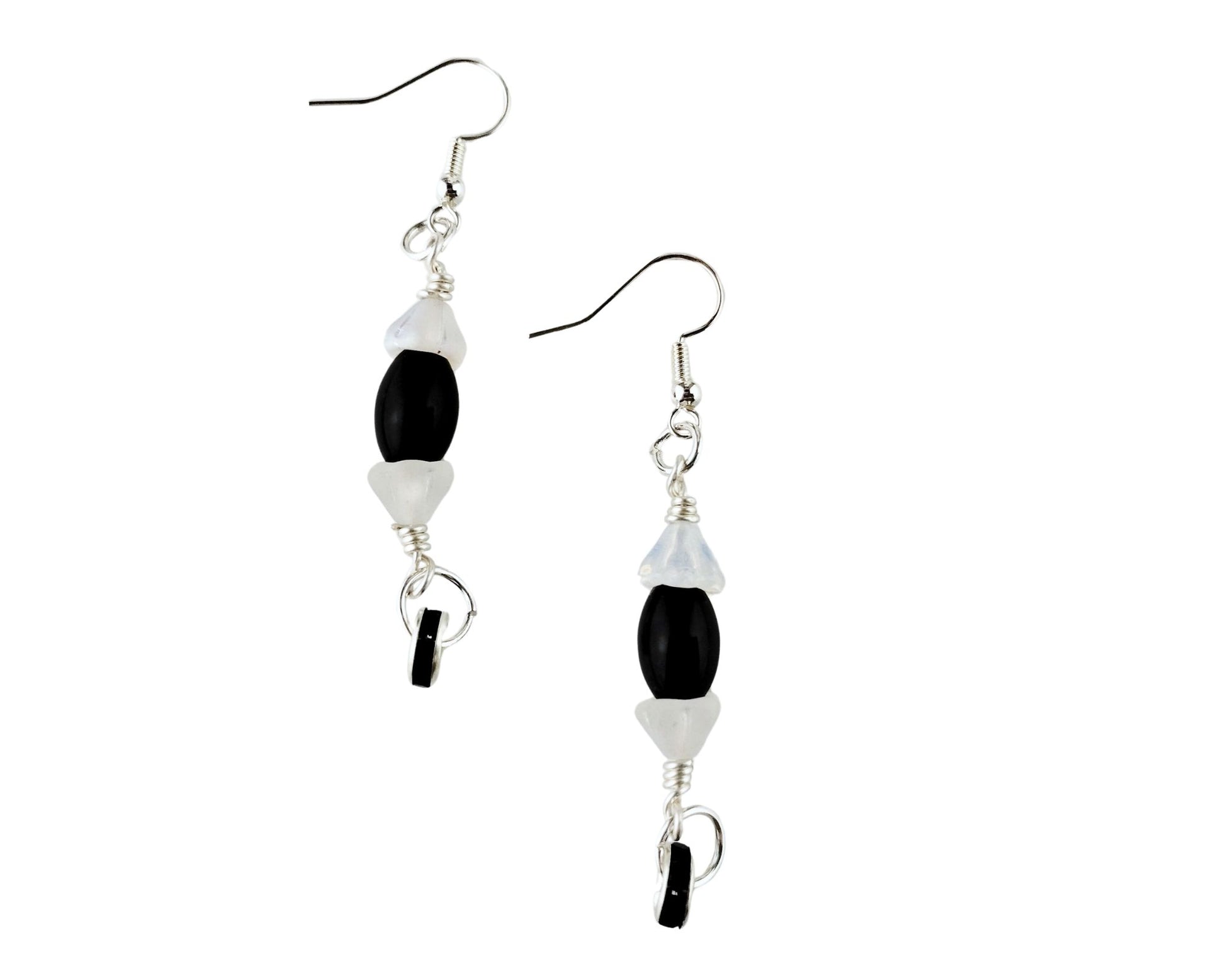 Handmade black and white dangle earrings with rhinestone bead drops
