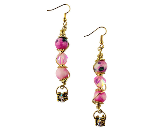 Handmade hot pink and green glass bead earrings with gold findings
