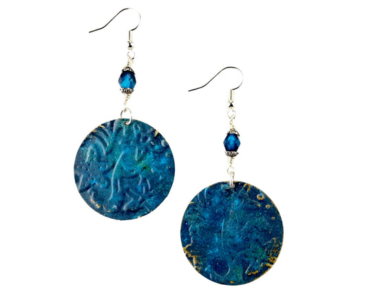 Hand-painted brass earrings with starfish design in aquamarine and silver.