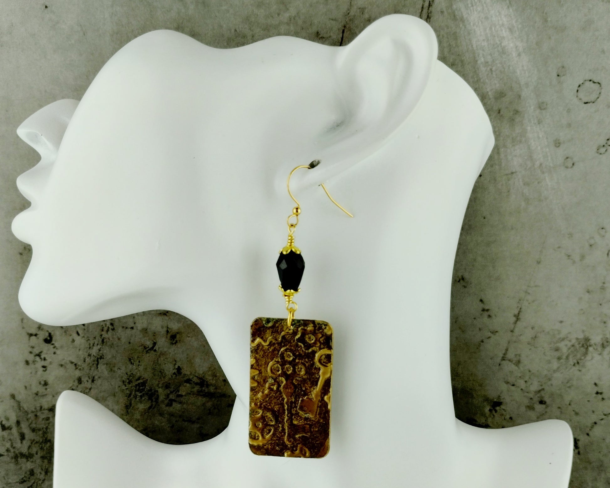 Handmade brass rectangle earrings with embossed vintage key design