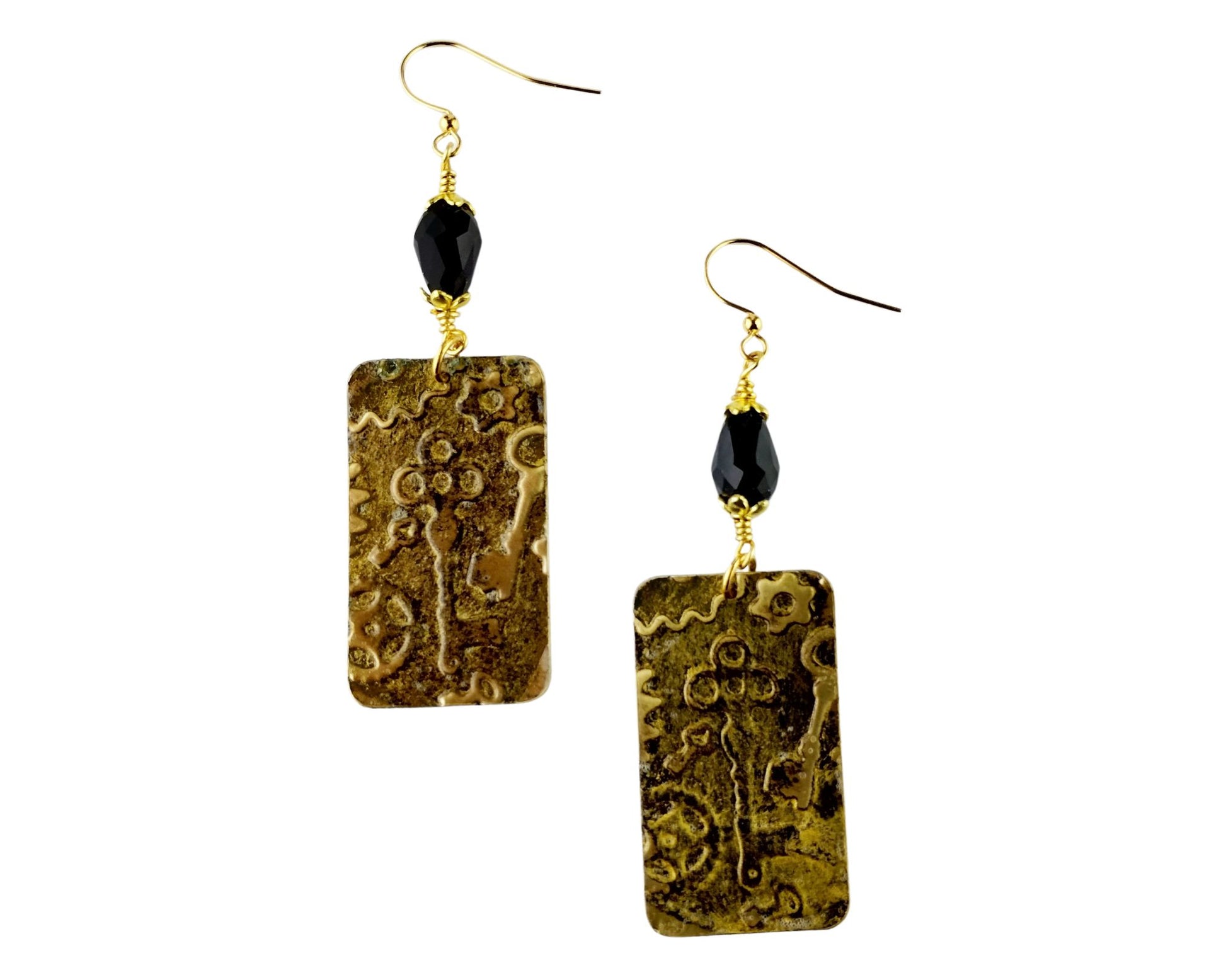 Steampunk earrings with black glass and brass key charms