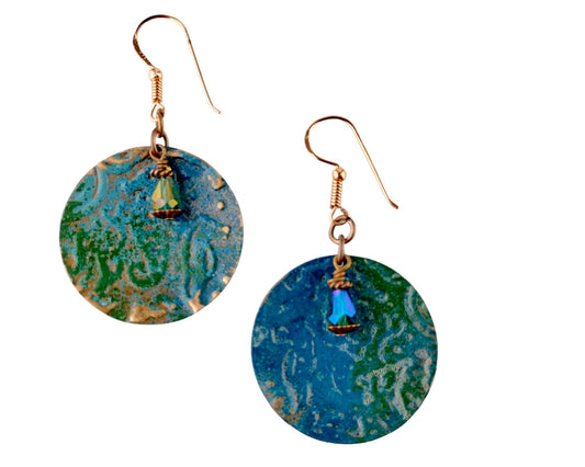 Hand-painted copper seahorse earrings in aquamarine and forest green