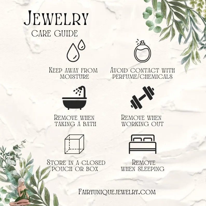 Jewelry care guide with icons and text on a marble background