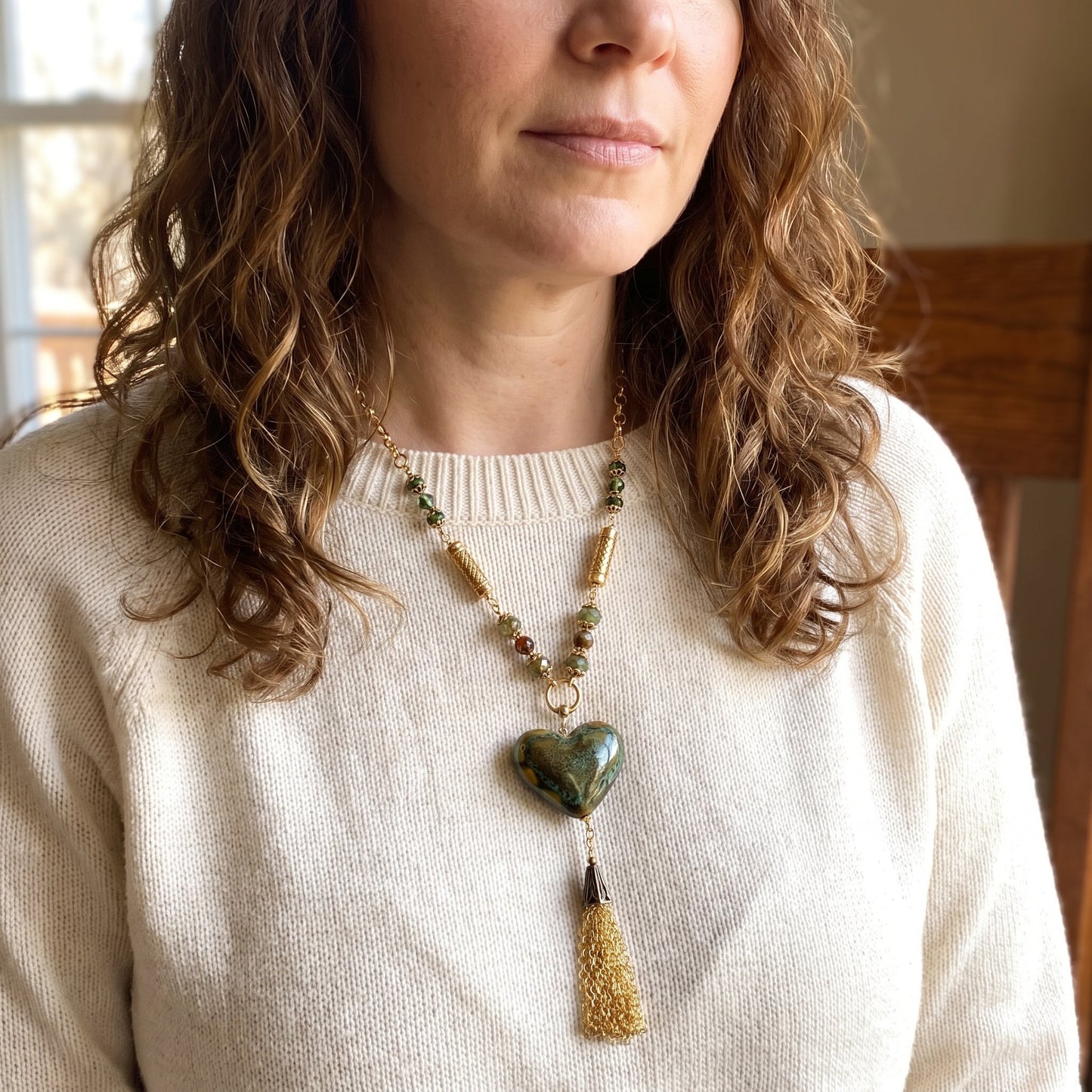 Handmade Army Green Ceramic Heart Tassel Necklace – Boho Elegance with a Touch of Edge
