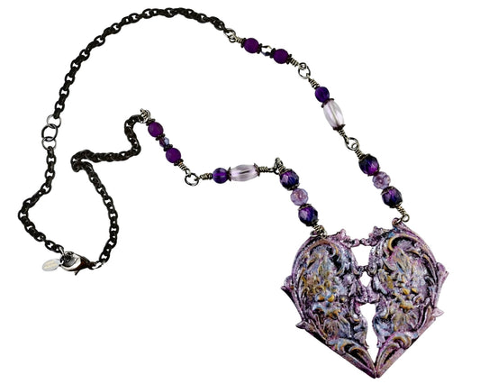 Handmade matte black brass heart pendant necklace with purple beading