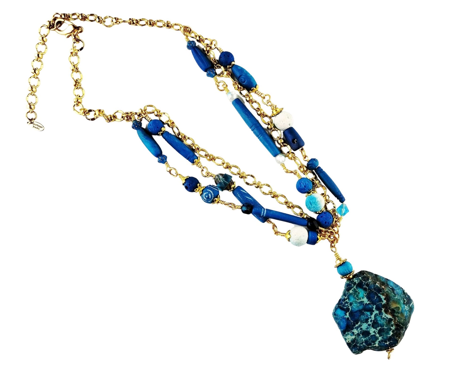 Front view of Irregular Sea Sediment Jasper Pendant Necklace with aqua blue stone and beaded strands