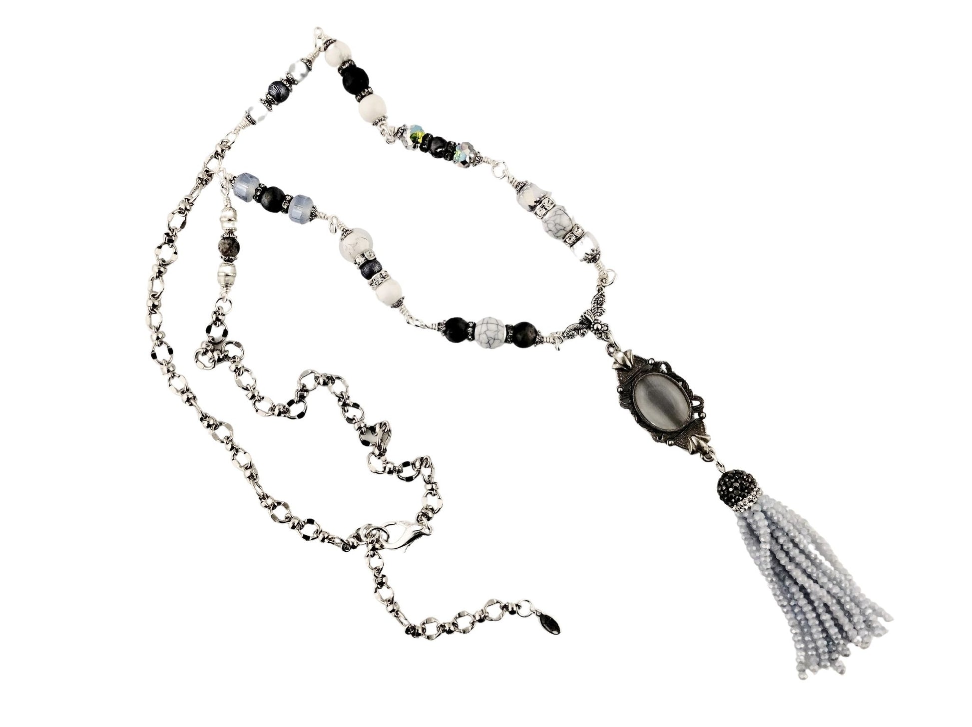 Elegant gray beaded tassel necklace with sparkling seed beads and rhinestone accents.