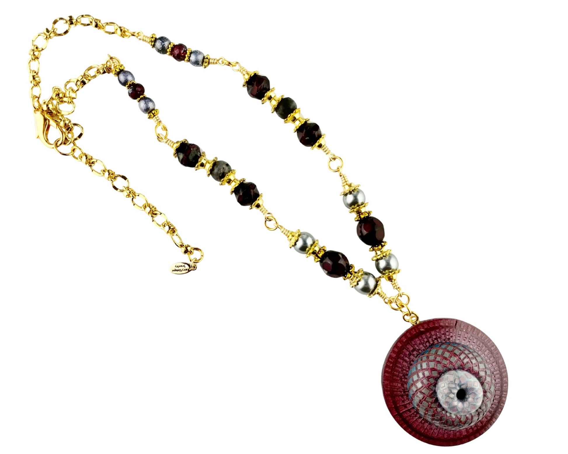 Burgundy Spiral Harmony Necklace featuring matching glass beads, pearls, and gold-plated brass chain.