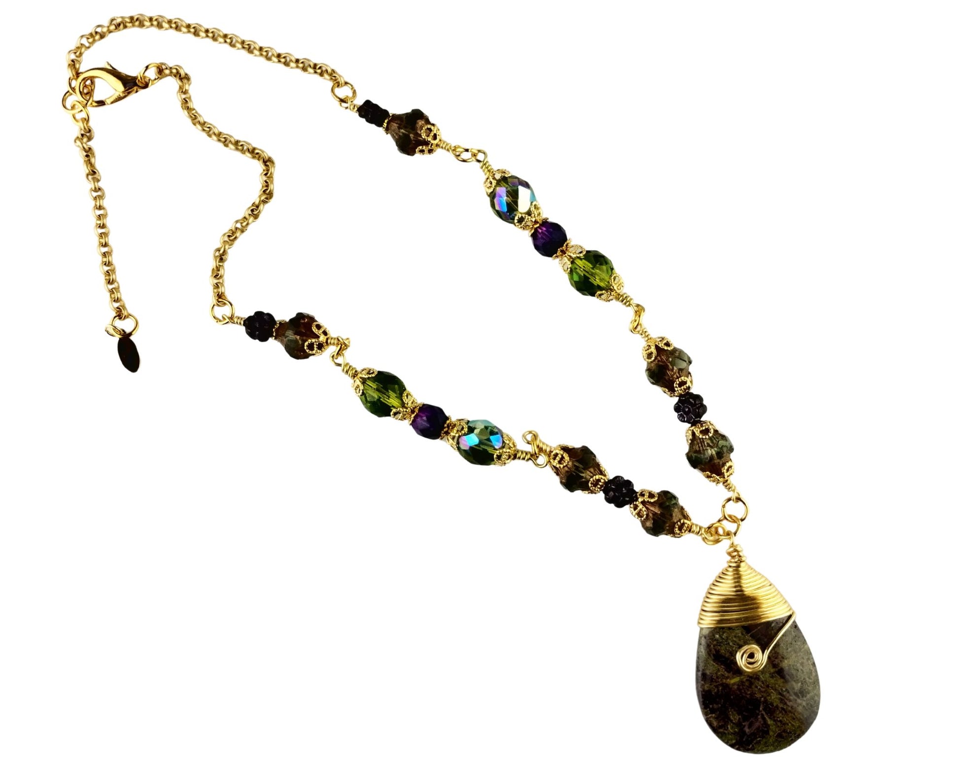 Handmade green serpentine teardrop necklace with olive and purple glass beads.