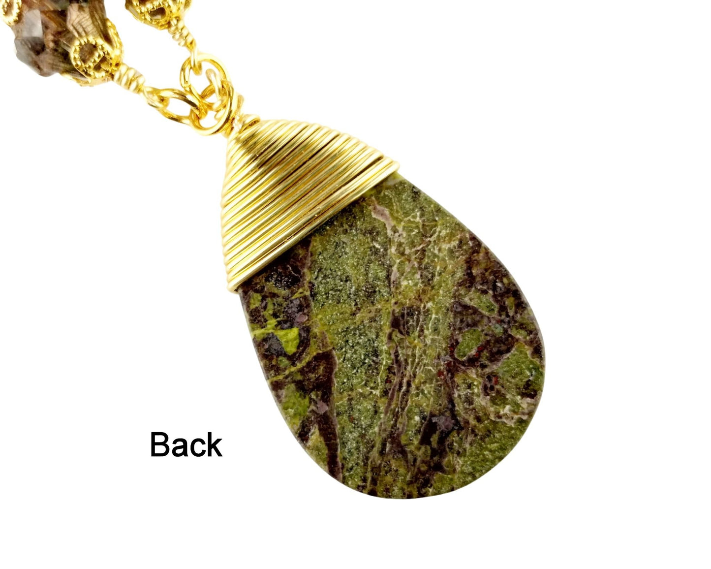Back of Elegant teardrop necklace made with serpentine gemstone and gold brass findings.