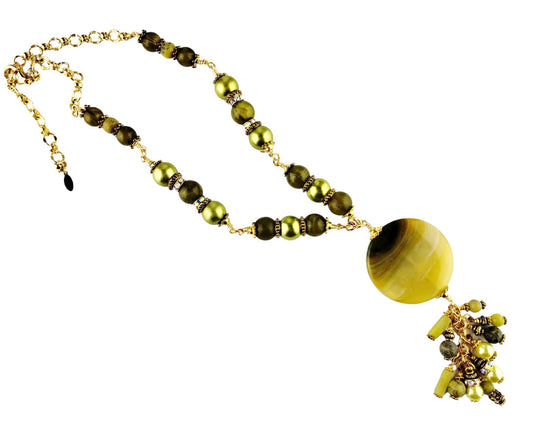 Handmade moss green agate pendant necklace with tassel and gold-plated brass accents.