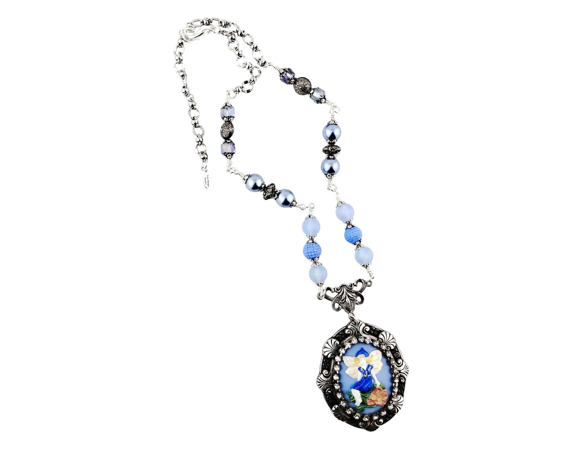 Hand-painted fairy cabochon necklace with rhinestones and Carolina blue beads.