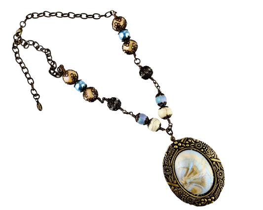 Handmade sky blue pearl and howlite necklace with brass chain