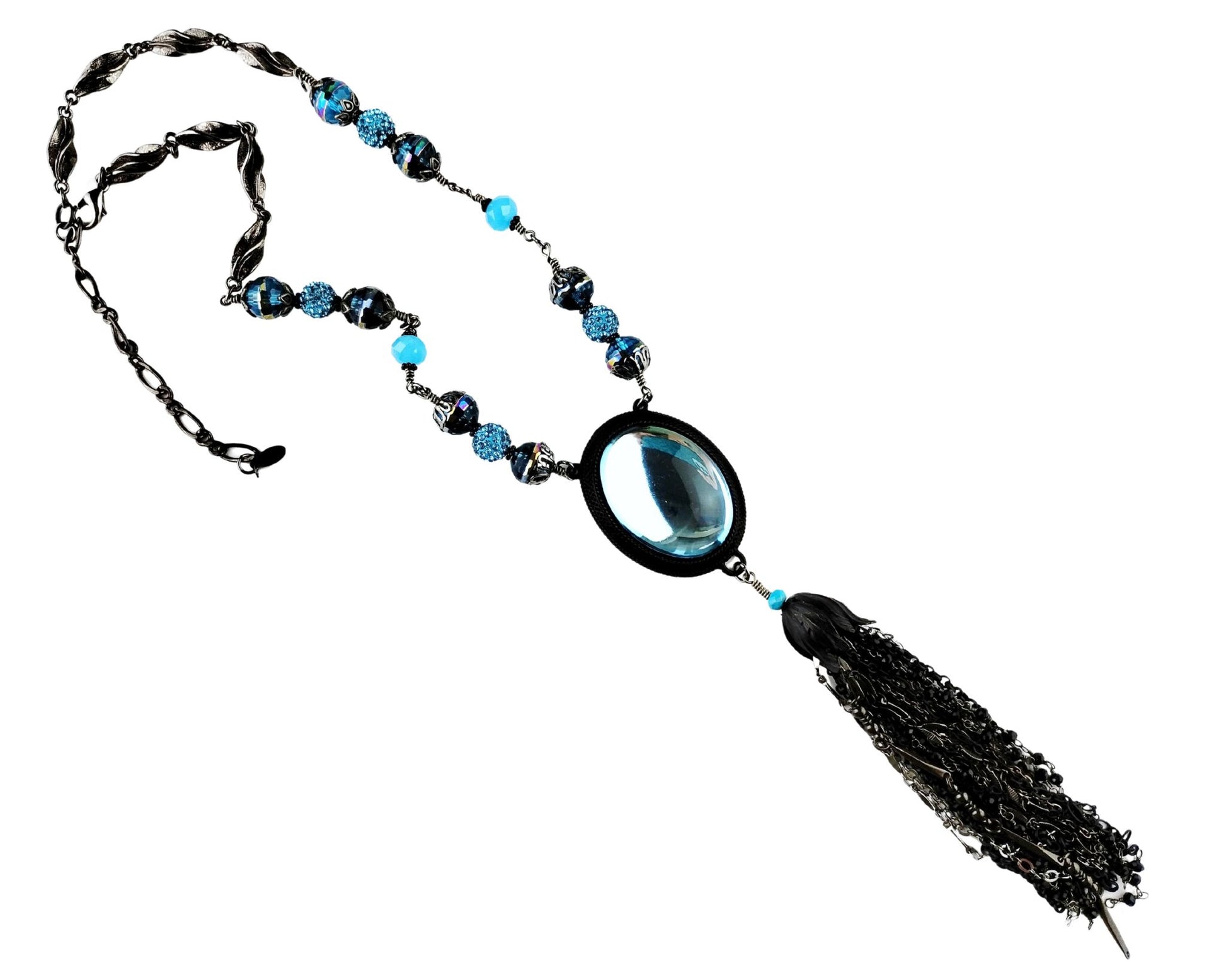 Handmade necklace with mirrored aqua cabochon and gunmetal tassel

