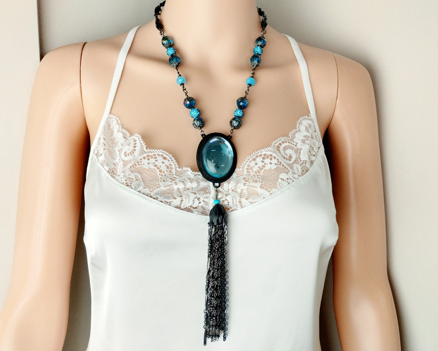 Vintage-inspired aqua blue statement necklace with black pewter bezel