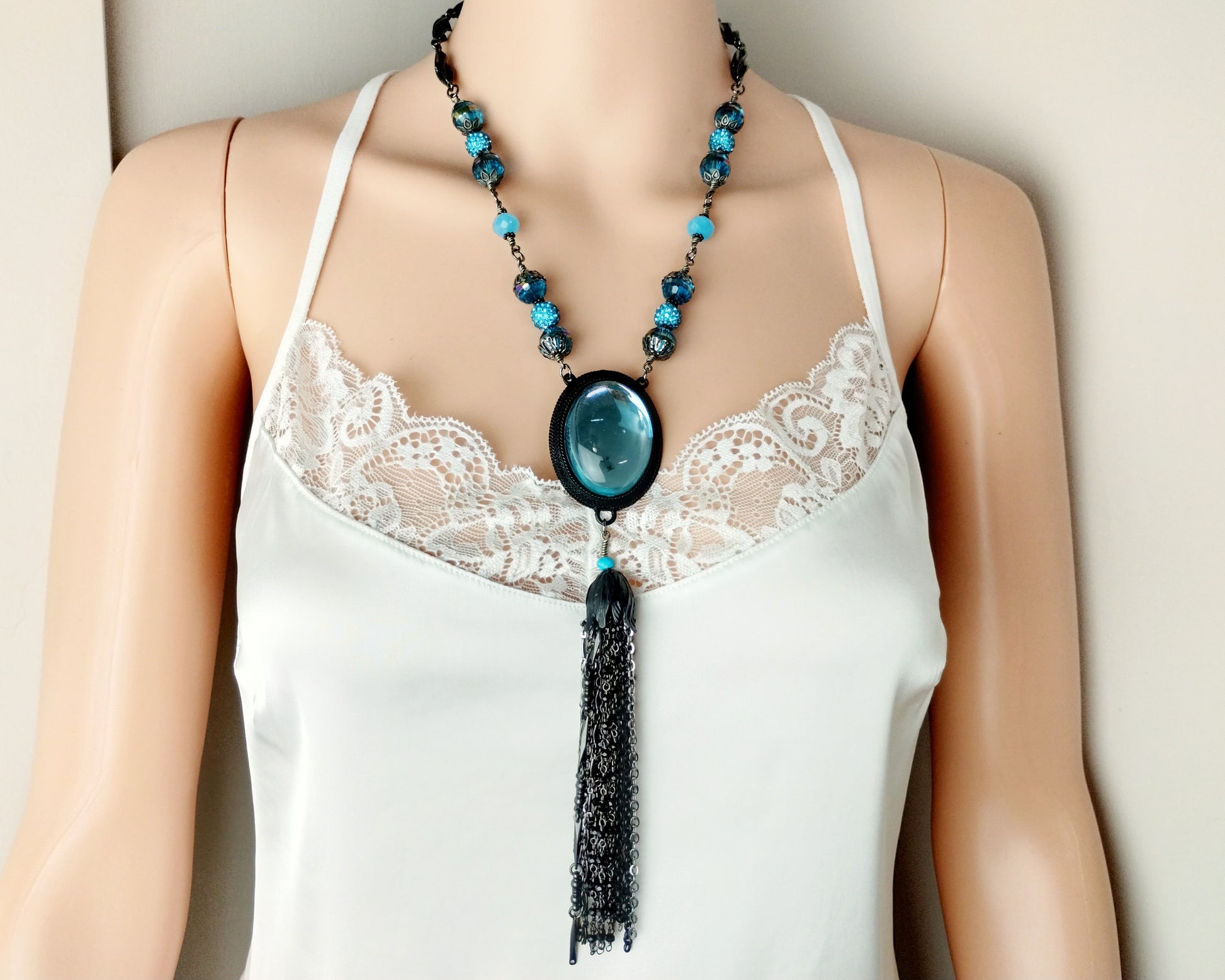 Vintage-inspired aqua blue statement necklace with black pewter bezel