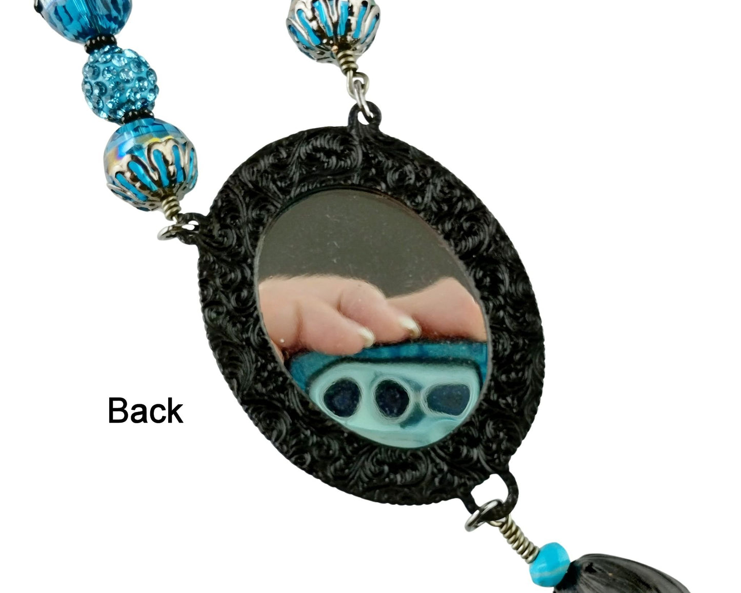 Aqua and gunmetal handmade necklace with floral bead cap and chain tassel