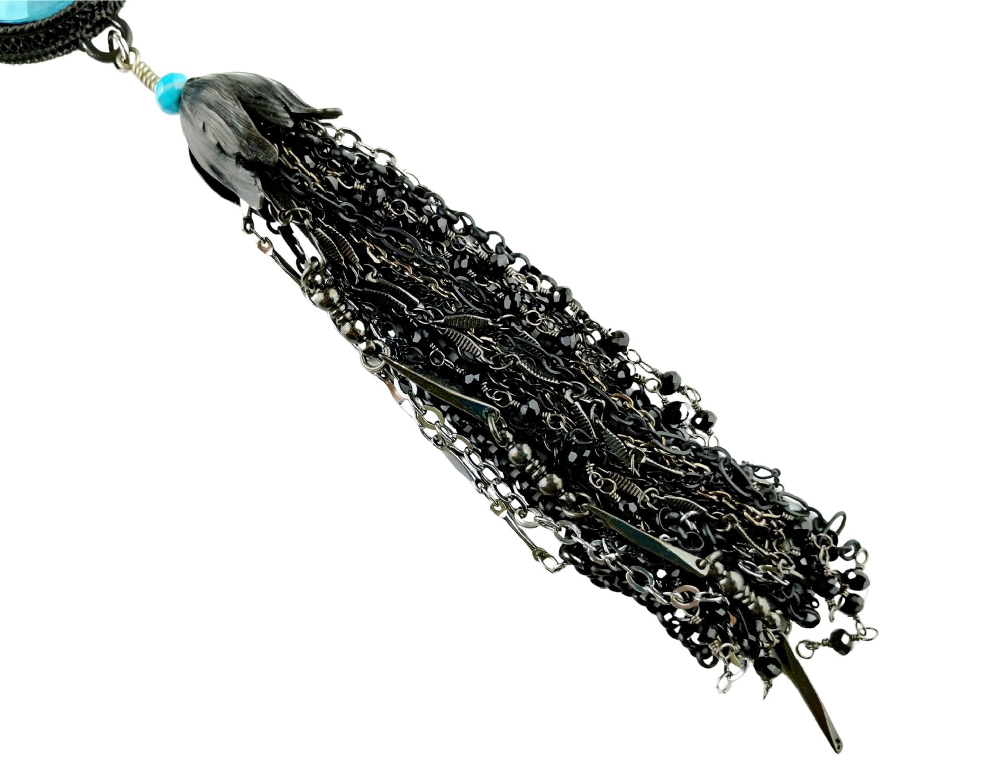 Vintage-inspired aqua blue statement necklace with black pewter bezel