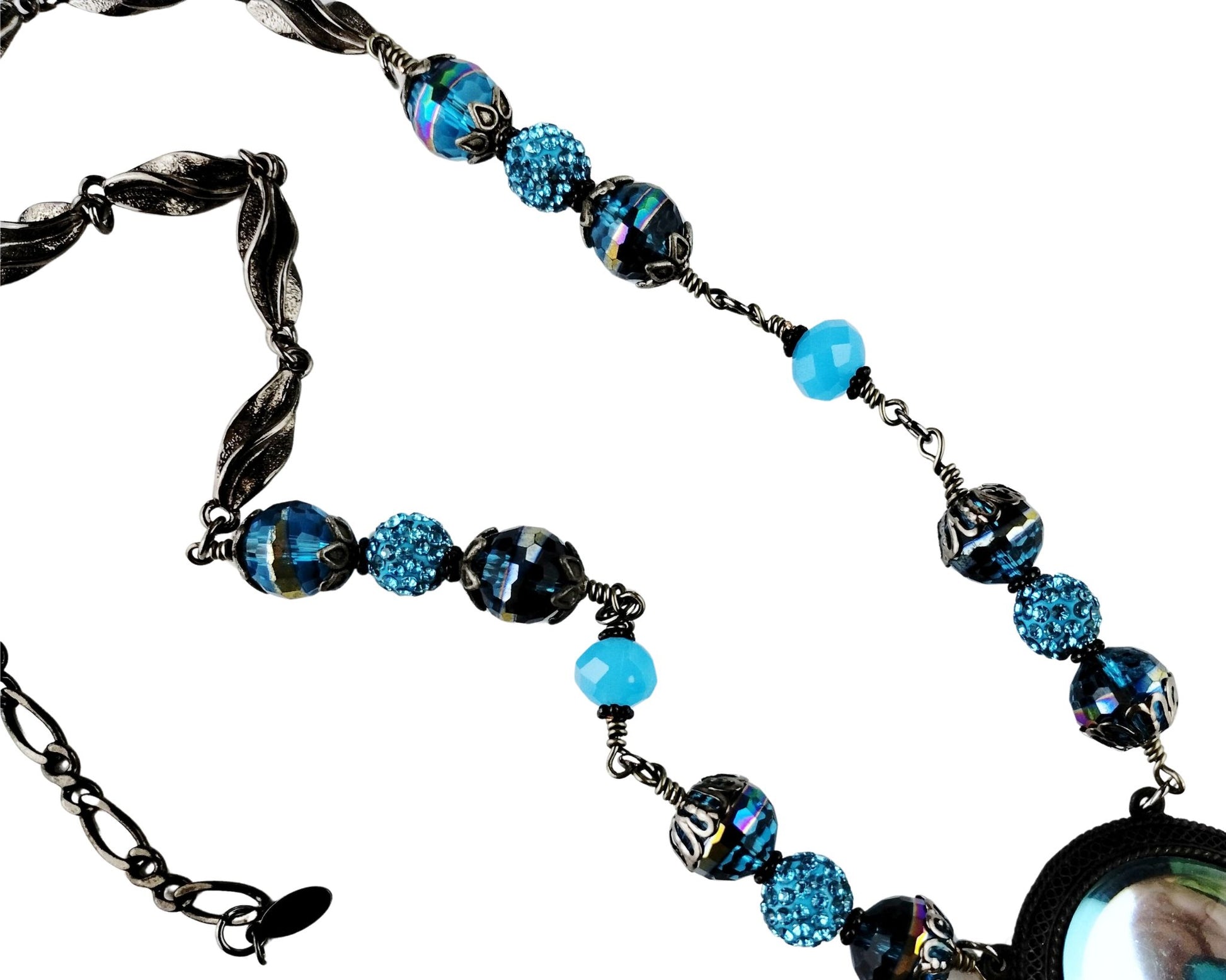 Artisan necklace with aqua glass centerpiece and adjustable twisted chain