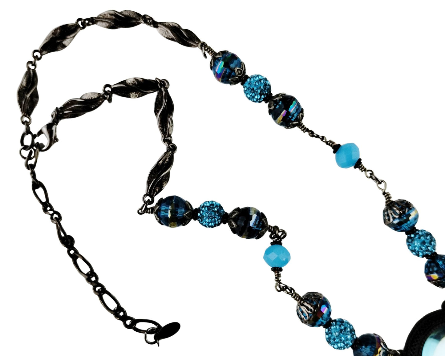 Aqua and gunmetal handmade necklace with floral bead cap and chain tassel