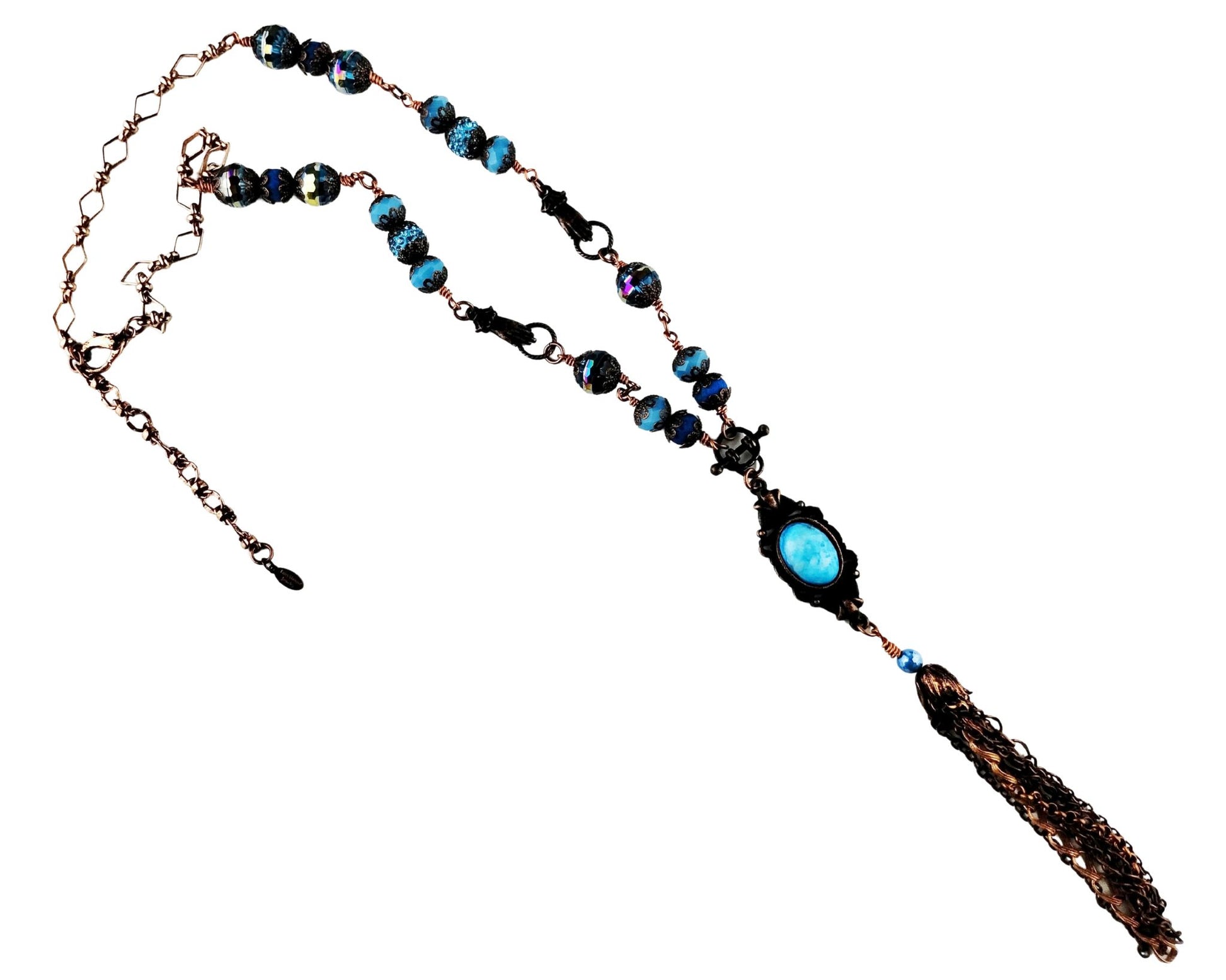 Handmade aqua blue and antique copper necklace with tassel