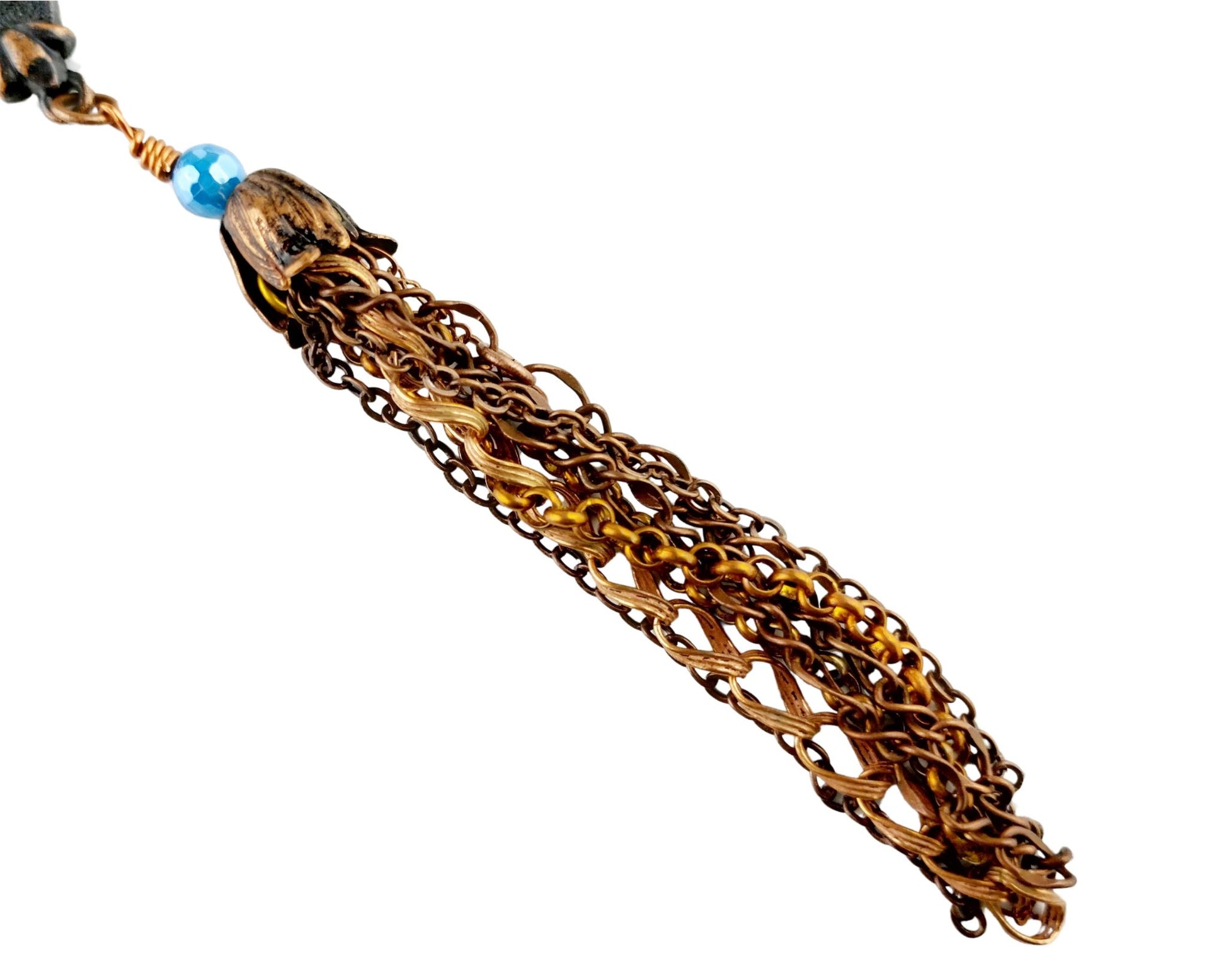Handmade aqua blue and antique copper necklace with tassel

