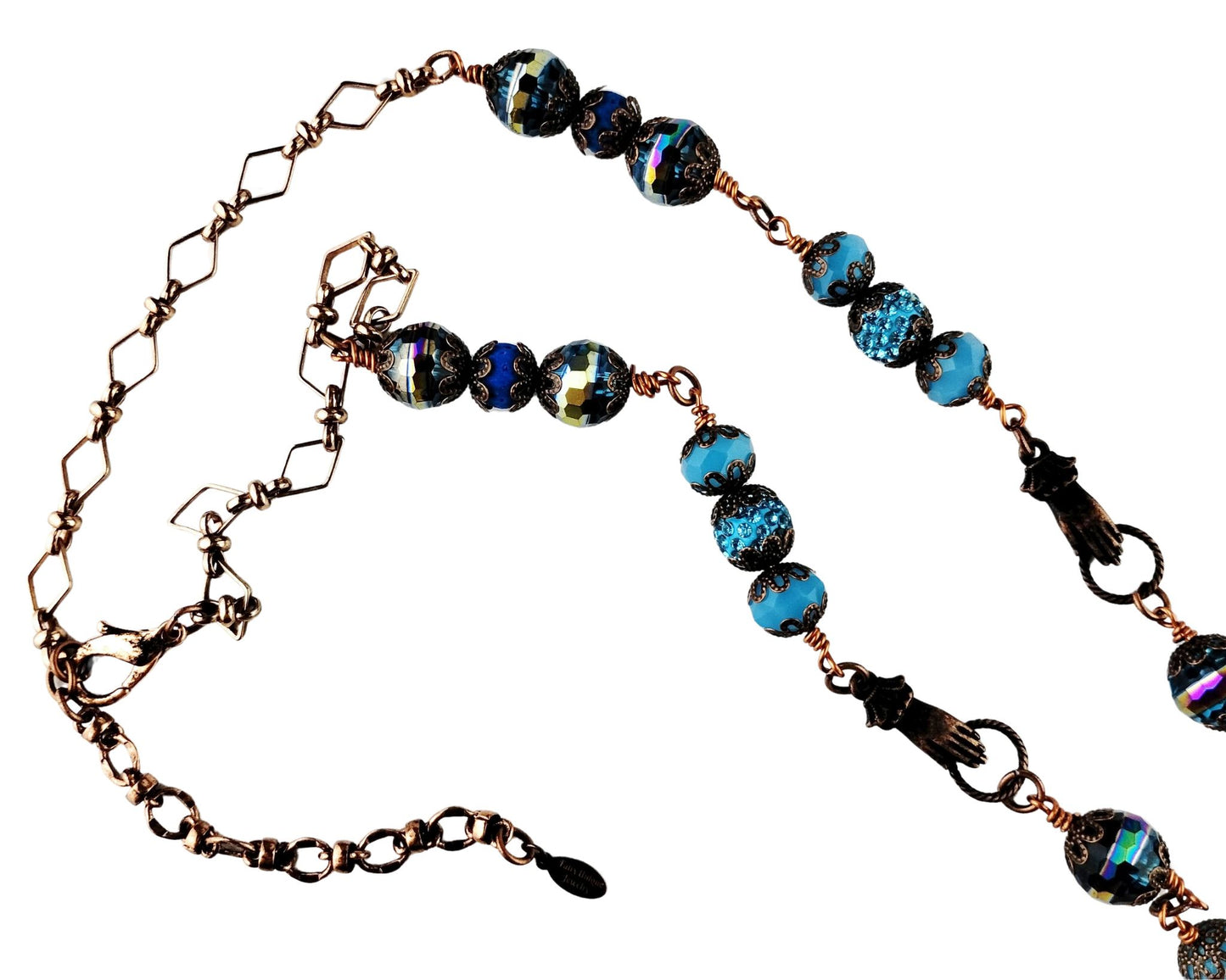 Artisan copper chain necklace with aqua glass and lava beads