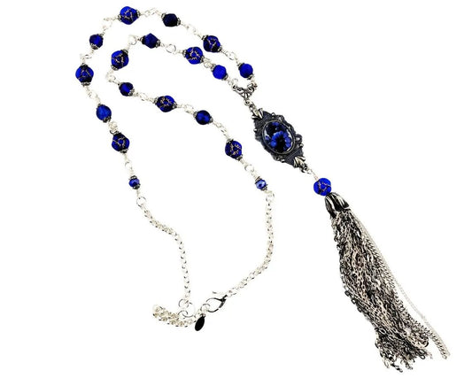 Handmade cobalt blue tassel necklace with silver flower cap