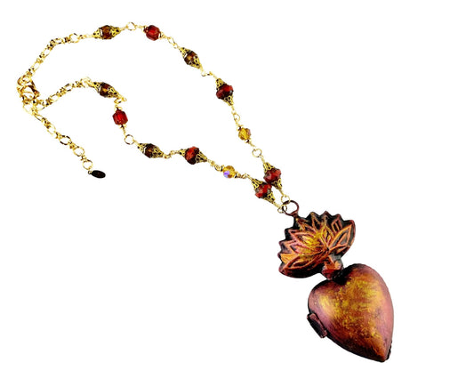 Handmade Sacred Heart necklace with red and gold beaded neckline

