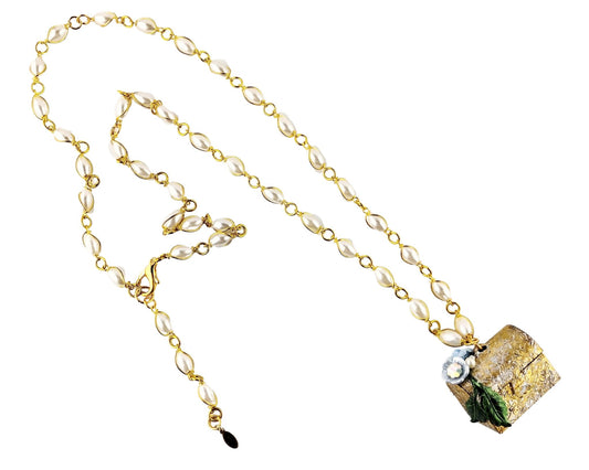 Handmade floral locket necklace with gold chain and pearls