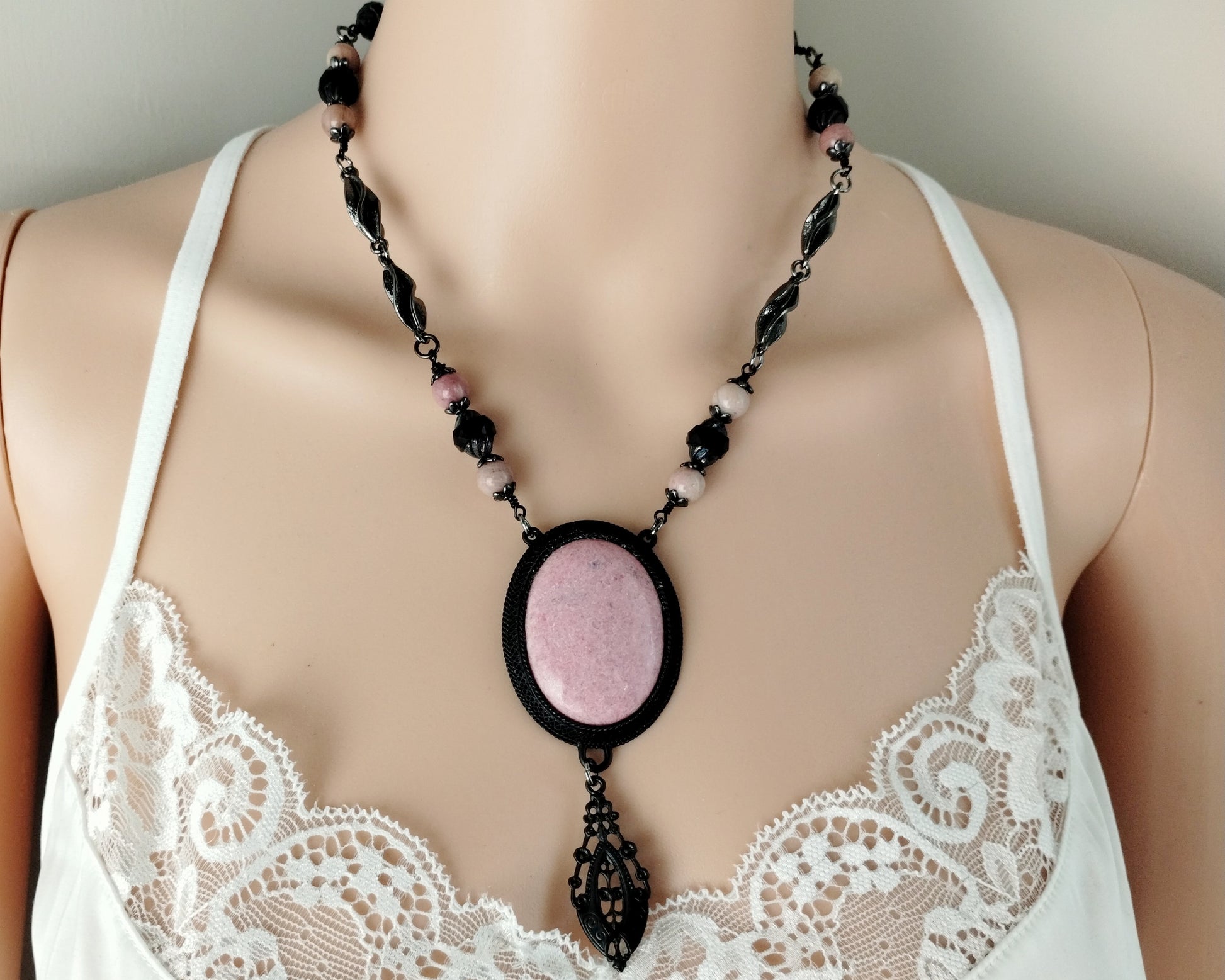 Artisan jewelry set with natural rhodonite cabochon and beaded chain