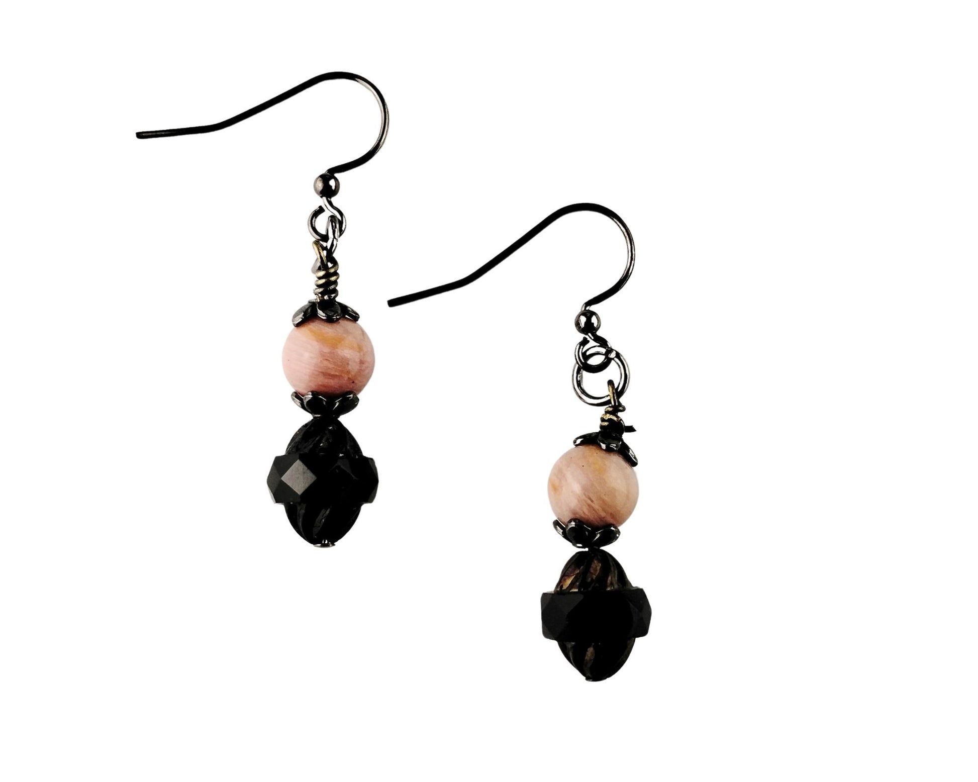 Matching pink stone earrings with black glass and gunmetal accents