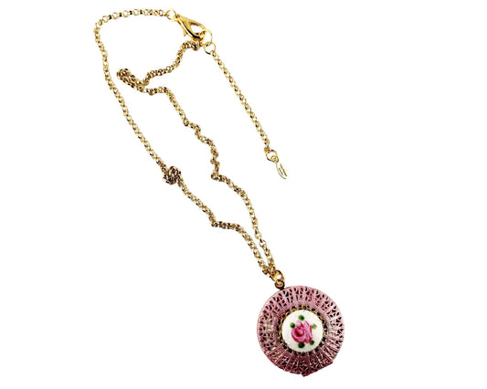 Handmade vintage filigree locket necklace in rose pink with enamel floral accent