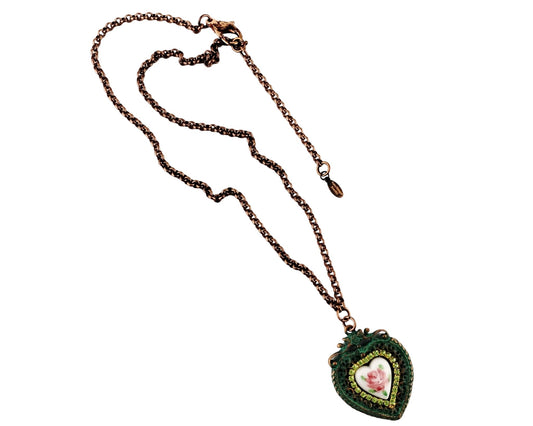 Handmade heart pendant necklace with pink rose cabochon and aqua copper finish