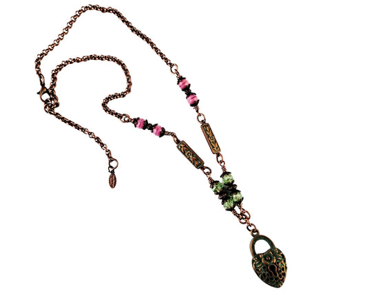 Reversible heart pendant necklace with keyhole and aqua copper finish